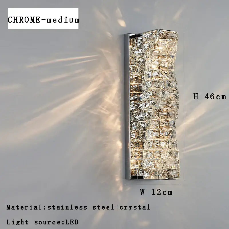 Modern gold textured glass wall sconce lamps with chrome frame and crystal cubes for bedroom decor wall sconce lamps
