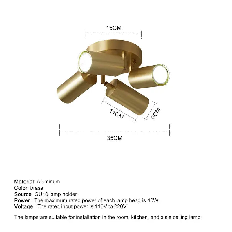 Brass-finished aluminum modern ceiling lights with three adjustable gu10 led spotlights for kitchen decorbites adjustable gu10