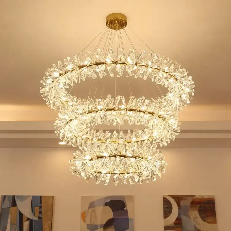 Modern gold three tier crystal led chandelier with clear faceted glass for dining room decorbites crystal led lighting