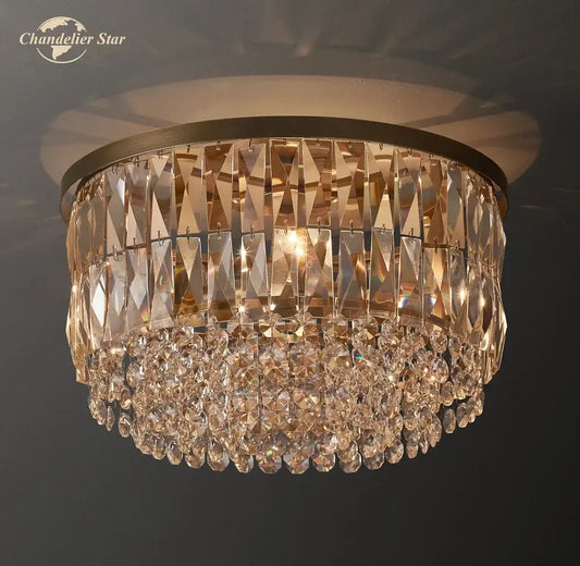 Modern gold tiered crystal flushmount ceiling light with cascading faceted glass prisms for dining room decorbites crystal flushmount