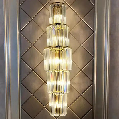 Modern gold tiered crystal nordic wall lamp with illuminated vertical glass rods and gold-toned metal accents for living room decorbites crystal nordic style