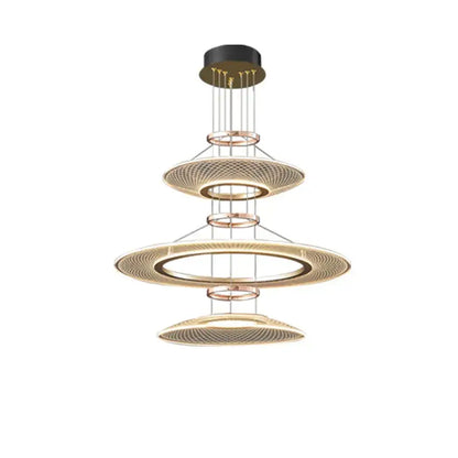 Modern gold tiered mesh pendant chandelier with concentric rings and black mount ideal for pendant chandeliers led hanging
