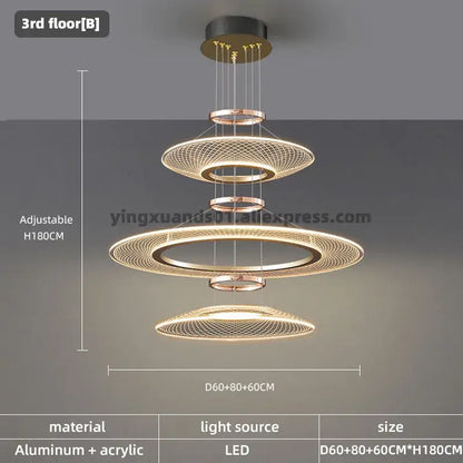 Modern gold tiered mesh pendant chandeliers led featuring three aluminum rings with acrylic mesh for living room light