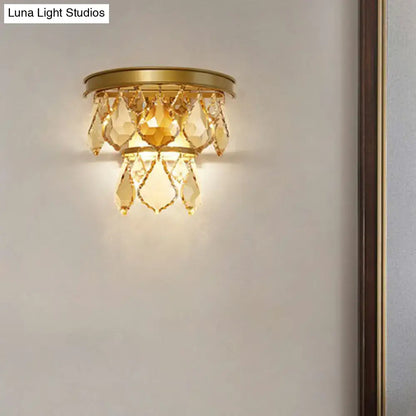 Modern gold tiered sconce light fixture with cascading amber crystals bedside wall mount for bedroom use