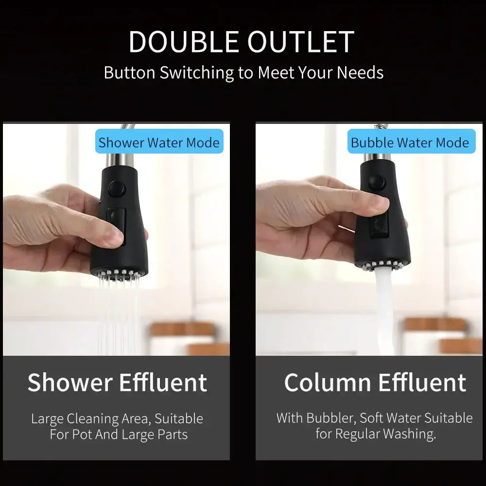 Black double outlet touch control sink tap with button switching for shower or bubble water modes in modern gold style