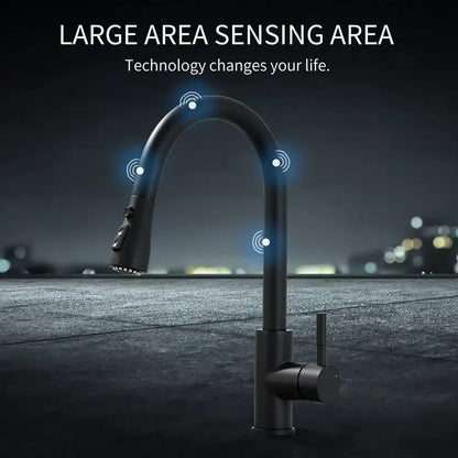 Modern gold touch control sink kitchen faucet with black matte finish curved spout and integrated touch control sensor technology