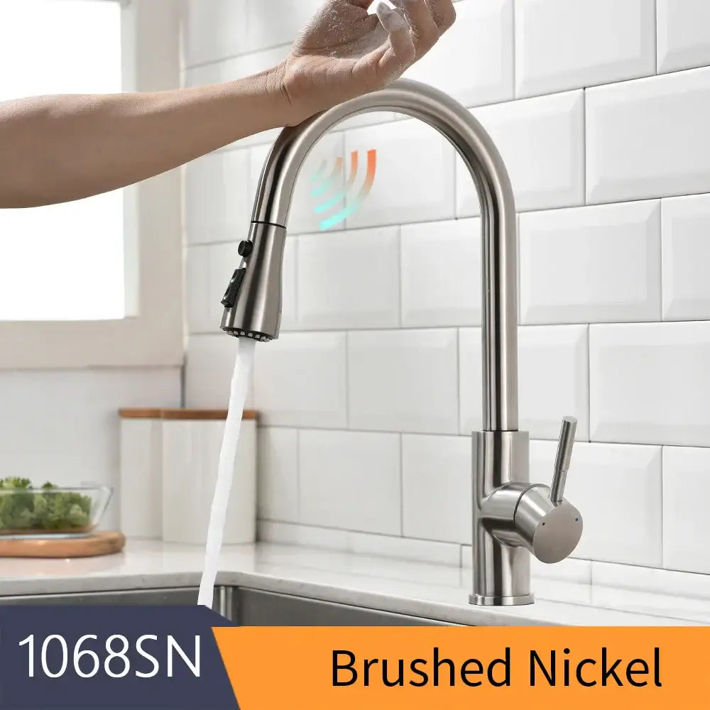 Brushed nickel modern gold touch control sink tap with sleek arched spout and pull-down spray head