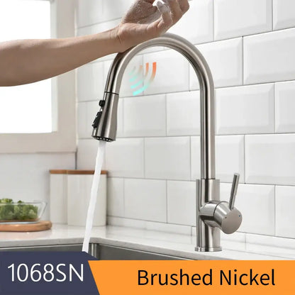 Brushed nickel modern gold touch control sink tap with sleek arched spout and pull-down spray head