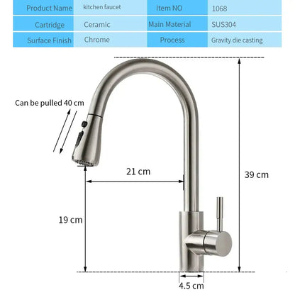 Modern chrome-finished touch control sink tap with sleek curved spout and pull-out spray head for kitchen use