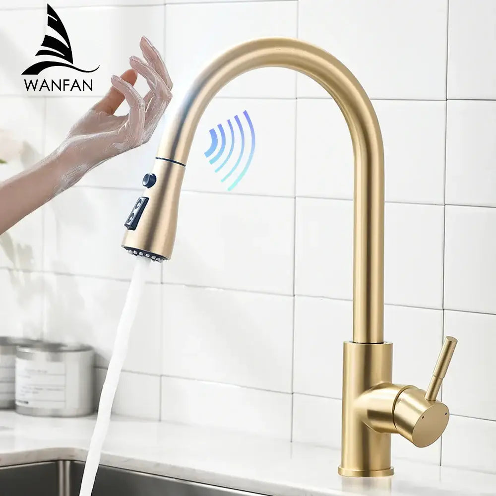 Modern gold touch control sink tap with sleek curved spout and touch-sensitive controls for kitchen use