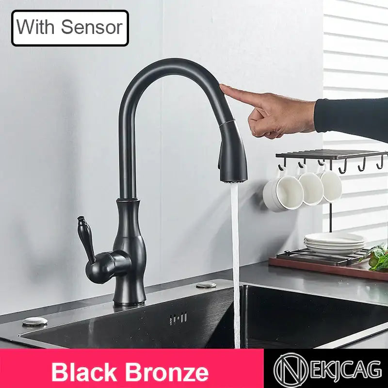 Black bronze sensor kitchen faucet with sleek curved spout and single lever handle decorbites gold sensor design