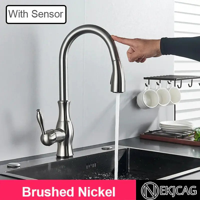 Modern gold touch sensor kitchen faucet with brushed nickel arched spout and pull-down spray head decorbites gold sensor