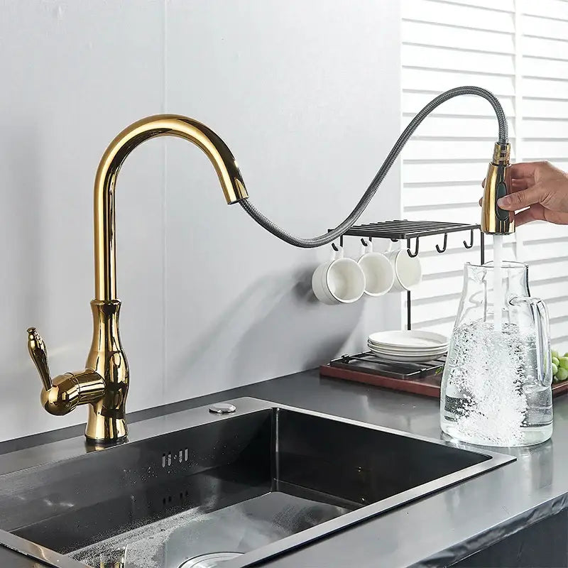 Modern gold touch sensor kitchen faucet with flexible hose and pull-down spout for sleek decorbites gold sensor kitchen use