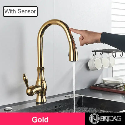 Modern gold sensor kitchen faucet with touch activation, sleek curved spout, and ornate handle for elegant kitchen decorbites gold sensor use
