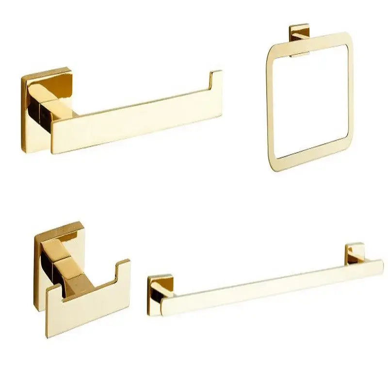Modern gold towel ranger accessory rack in gold finish with sleek minimalist rectangular and square bathroom hardware design