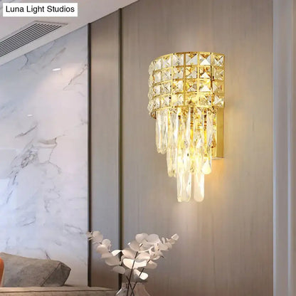 Modern gold triangular crystal wall lamp with cascading faceted glass elements for 110v-120v led incandescent fluorescent lighting