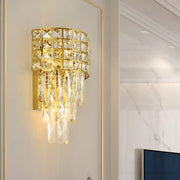 Modern gold triangular crystal wall lamp with tiered square-cut design and teardrop crystals compatible with 110v-120v