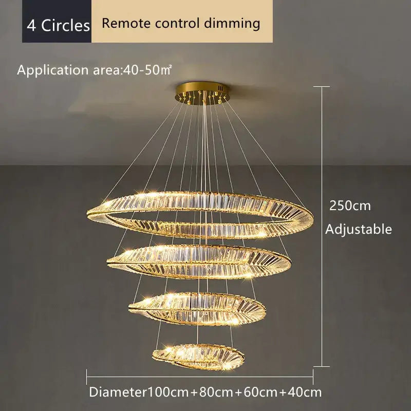 A modern gold decorbites crystal ceiling chandelier with four adjustable concentric rings and sparkling crystal segments
