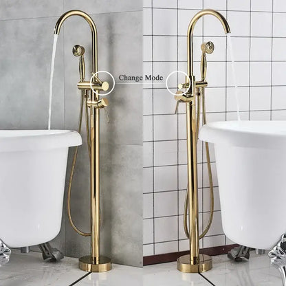 Modern brass-finished gold tub sink faucet with curved spout and handheld showerhead for decorbites gold tub bathroom fixtures