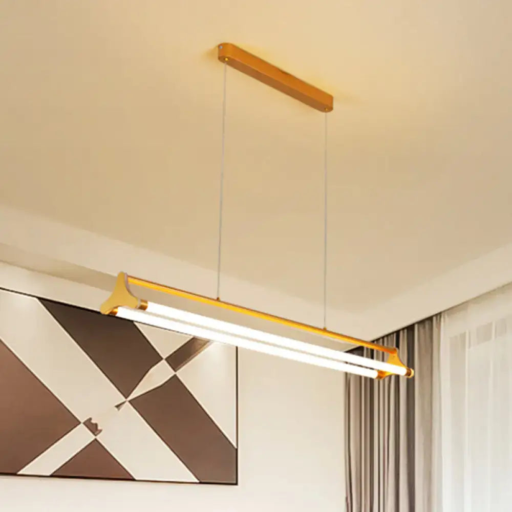 Modern gold-finished tube chandelier with wooden ceiling mount and two cables for living room fixture width options