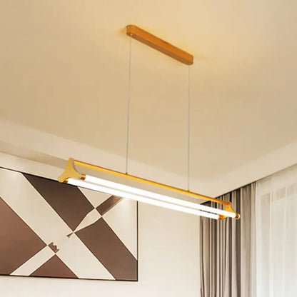 Modern gold-finished tube chandelier with wooden ceiling mount and two cables for living room fixture width options