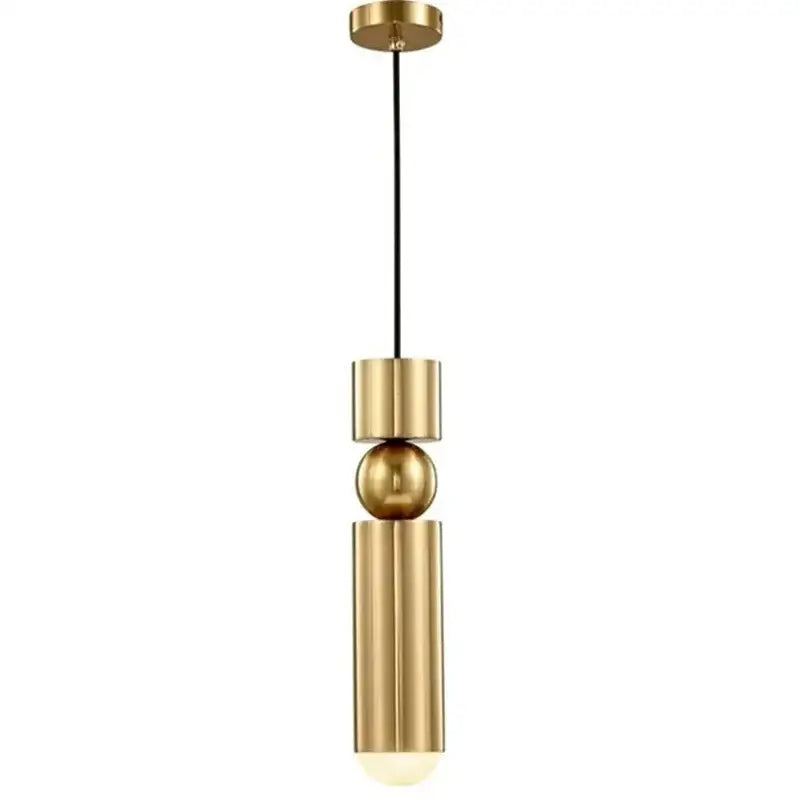 Modern gold tube pendant light with brass cylindrical and spherical elements hanging by a black cord decorbites gold tube