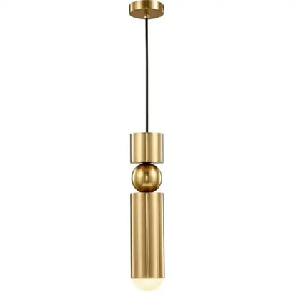 Modern gold tube pendant light with brass cylindrical and spherical elements hanging by a black cord decorbites gold tube