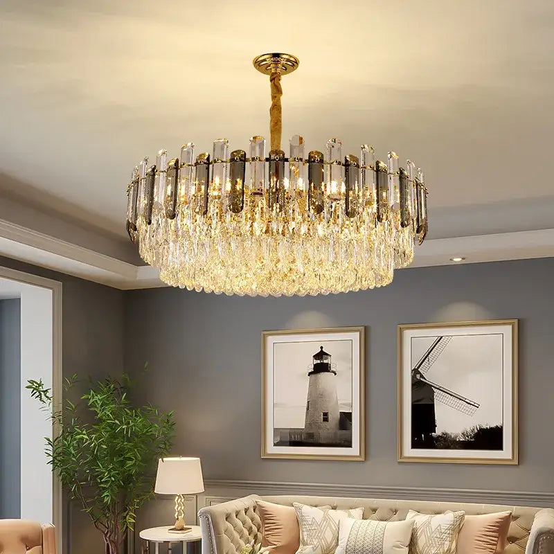 Modern gold twisted brass crystal chandelier with cascading crystal droplets and vertical glass rods for living room decorbites k9 crystal