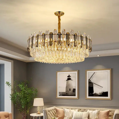 Modern gold twisted brass crystal chandelier with cascading crystal droplets and vertical glass rods for living room decorbites k9 crystal