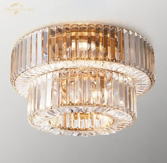 Modern gold two tier crystal ceiling light with faceted glass rods by decorbites elliana emits warm glow