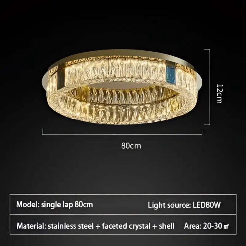 Modern gold two tier crystal led ceiling lamp with gold stainless steel frame and faceted crystal shell design for living room