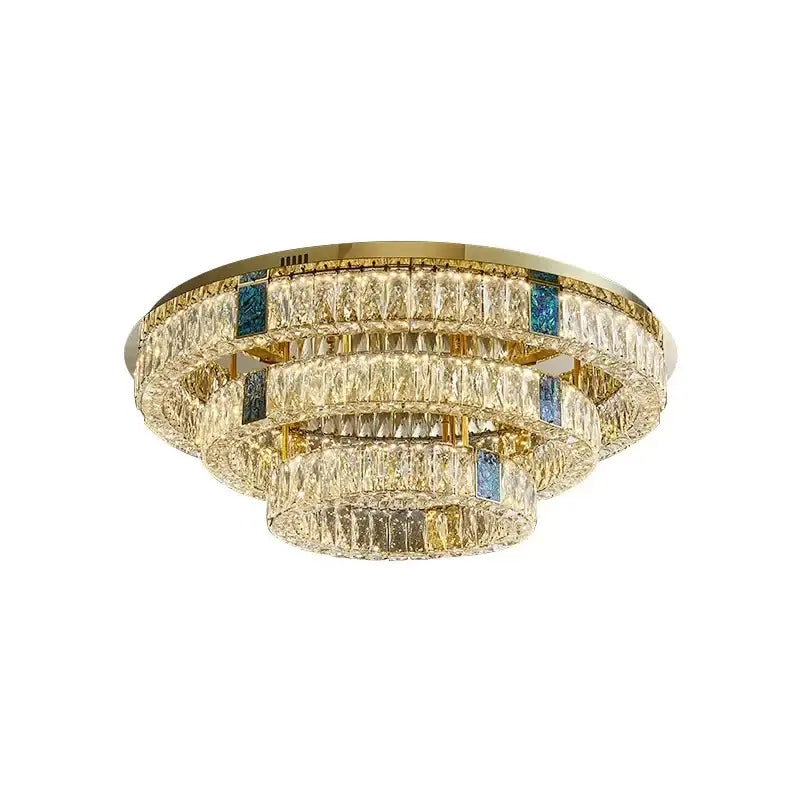 Modern gold two tier crystal led ceiling lamp with clear faceted elements and blue accents for living room lighting