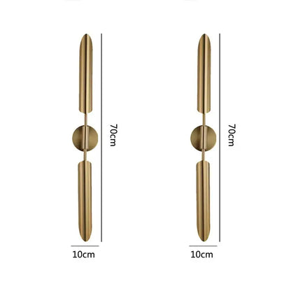 Brass-finished modern gold vertical led wall lamps with two cylindrical rods for living room wall lamps lights