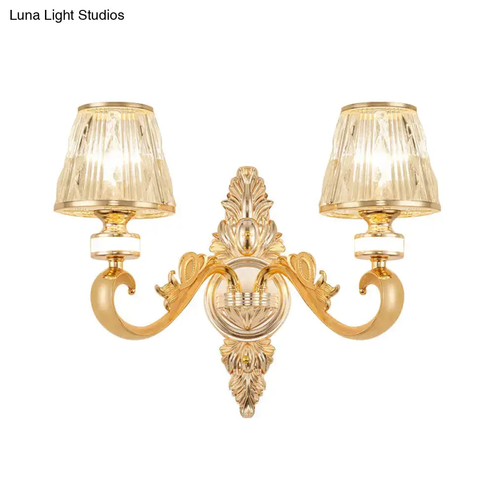 Modern gold wall lamp fixture with crystal block gold ornate double fluted glass shades for bedroom sconce