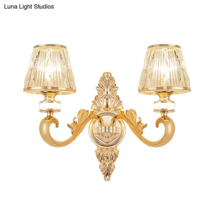 Modern gold wall lamp fixture with crystal block gold ornate double fluted glass shades for bedroom sconce