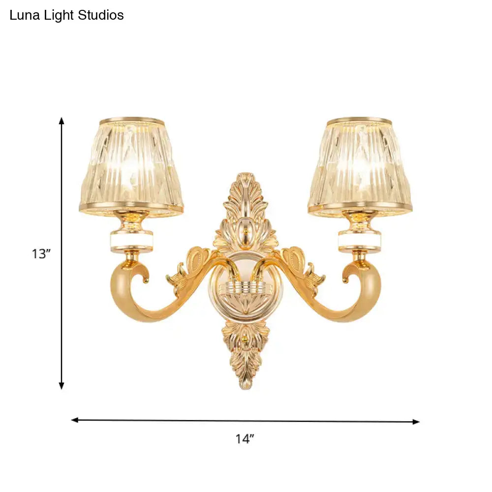 Modern gold wall lamp fixture with gold finished ornate design and crystal cone fluted glass shades bedroom sconce