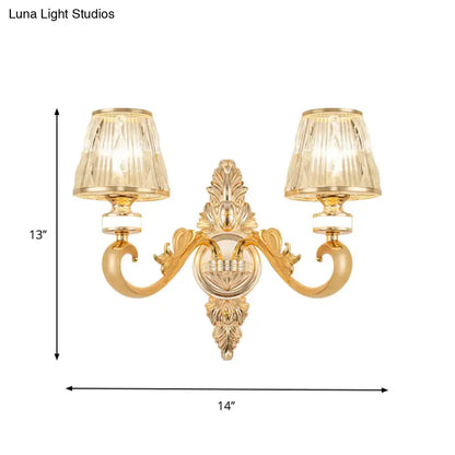 Modern gold wall lamp fixture with gold finished ornate design and crystal cone fluted glass shades bedroom sconce