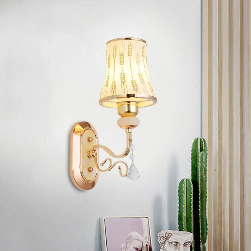 Modern gold wall lamp with arc wheat patterned glass, cream lampshade, and crystal accent for bedroom sconce lighting