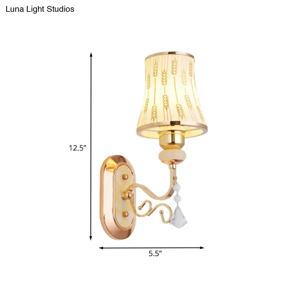 Modern gold wall lamp with arc wheat patterned glass beige lampshade and dangling crystal beads for bedroom sconce
