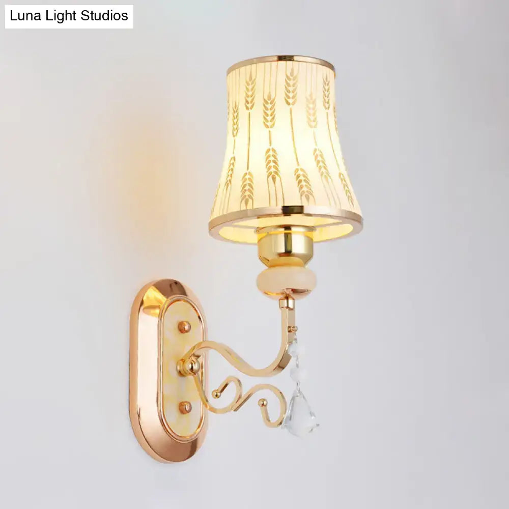 Modern gold wall lamp with arc wheat patterned glass cream lampshade and crystal accent for bedroom sconce lighting