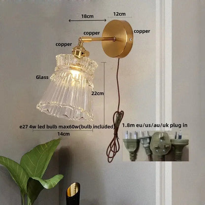 Modern gold wall lamp with clear glass shade brass copper finish and e27 led bulb for bedroom decorbites clear glass