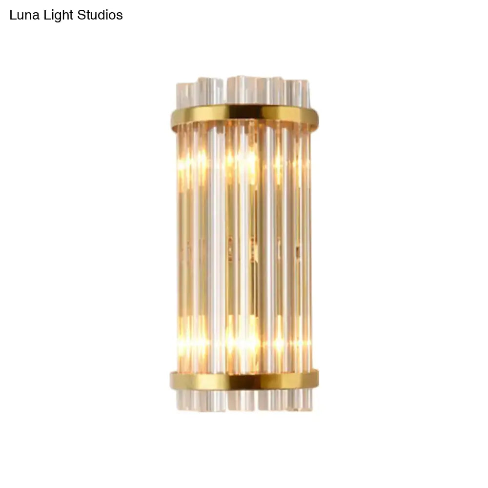 Modern gold wall lamp with crystal rod shade featuring vertical crystal rods and warm led lighting for bedroom use