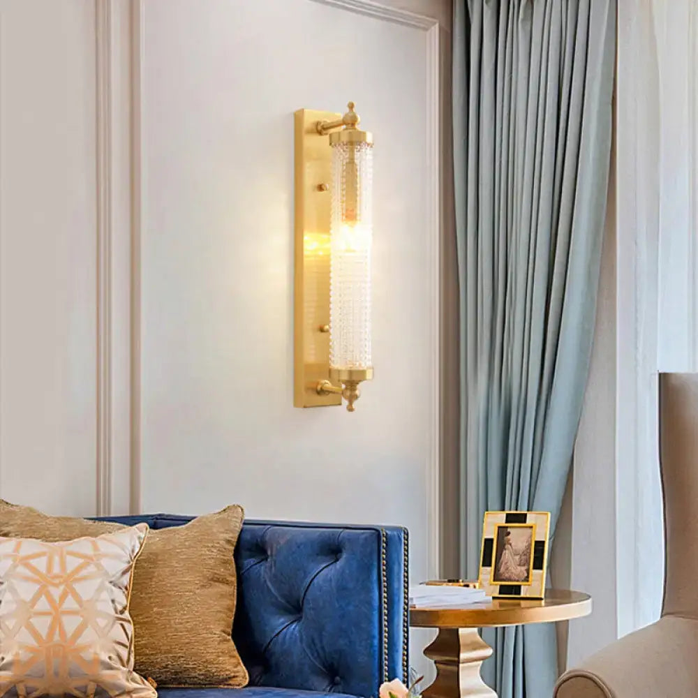Modern gold wall light fixture with direct wired electric 220v-240v textured frosted glass shade for living room
