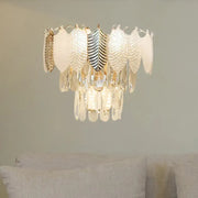 Elegant modern gold wall light with acrylic leaves featuring frosted glass panels and crystal droplets e12 e14 bedroom sconce