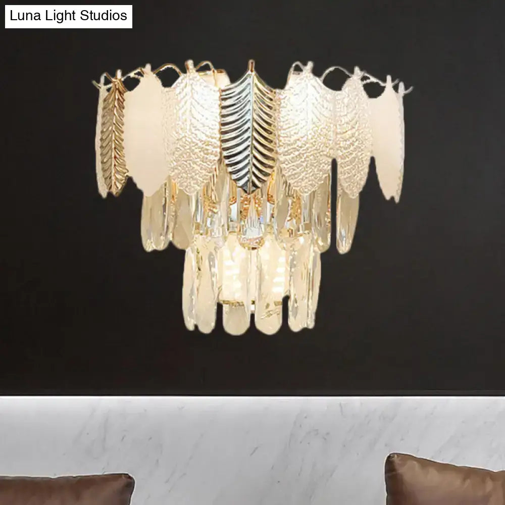 Elegant modern gold wall light with layered frosted acrylic leaves and crystal droplets for e12 e14 bedroom sconce
