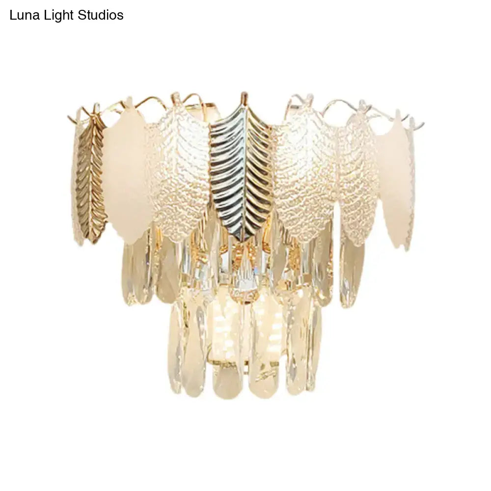 Elegant gold and silver wall light with acrylic leaves and cascading crystal droplets for bedroom sconce e12 e14