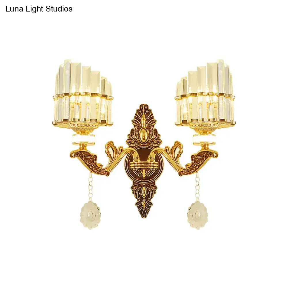 Modern gold wall mount light arc sconce with two crystal-encrusted fixtures and decorative pendants for bedroom use
