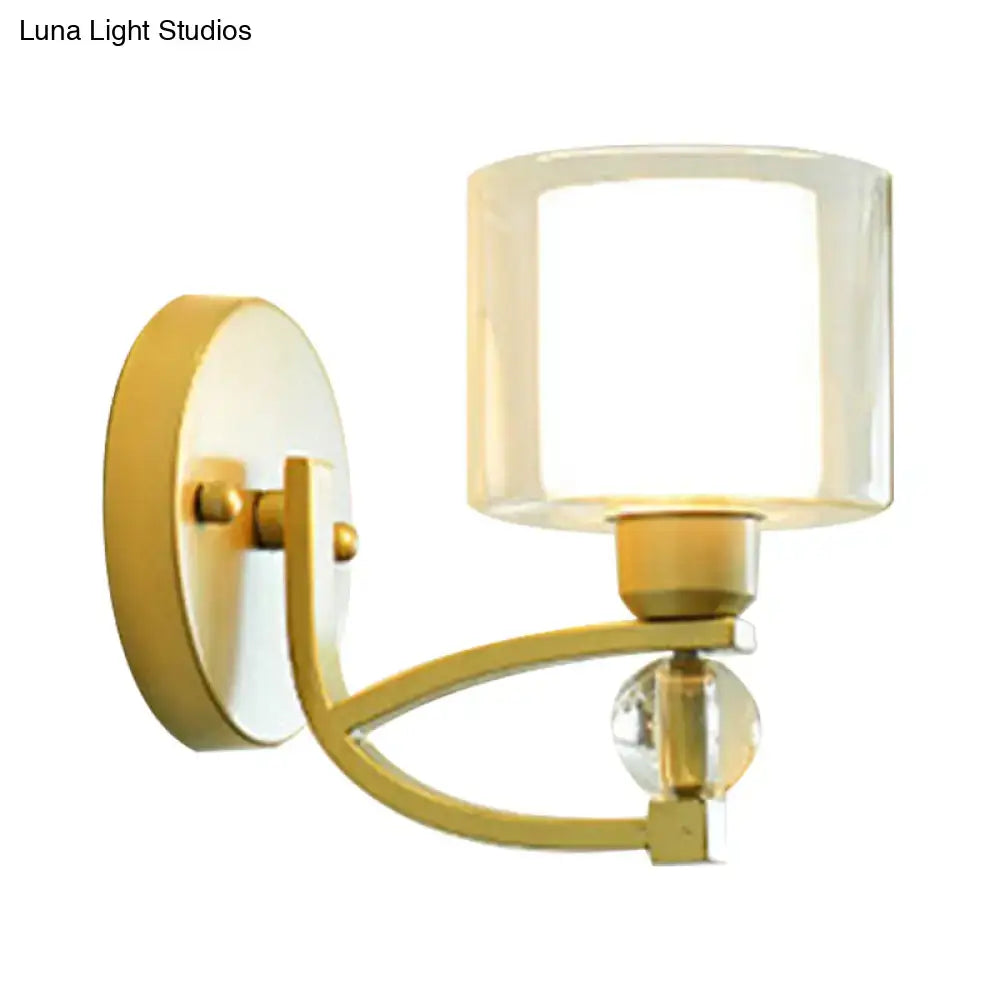Modern gold wall mounted lamp with frosted glass shade and crystal accent for indoor wall use in bedroom