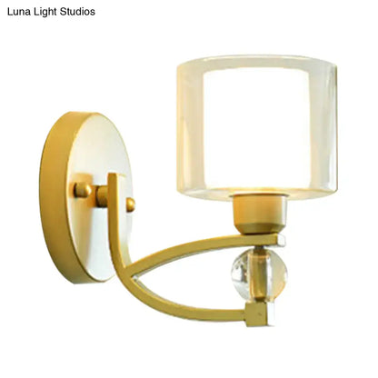 Modern gold wall mounted lamp with frosted glass shade and crystal accent for indoor wall use in bedroom