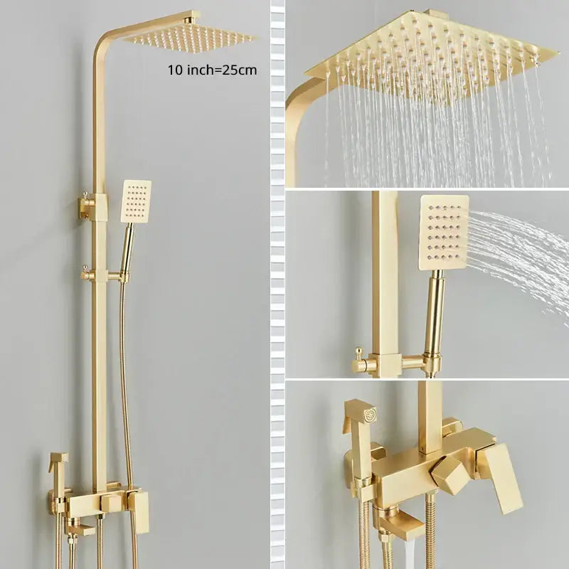 Modern gold wall mounted shower system kit with square rainhead and handheld spray for bathroom decorbites gold wall